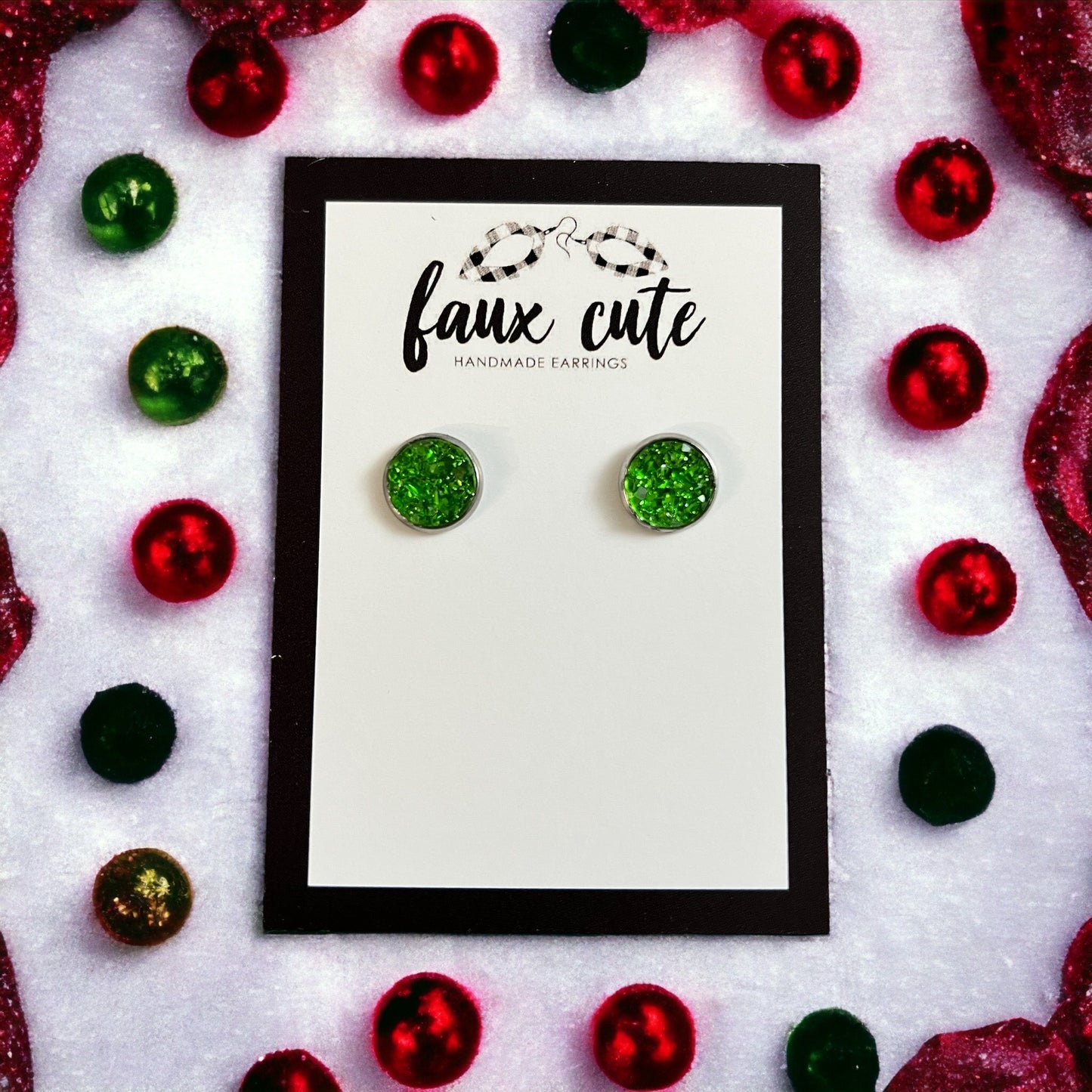Grinch Green Faux Quartz Stud Earrings