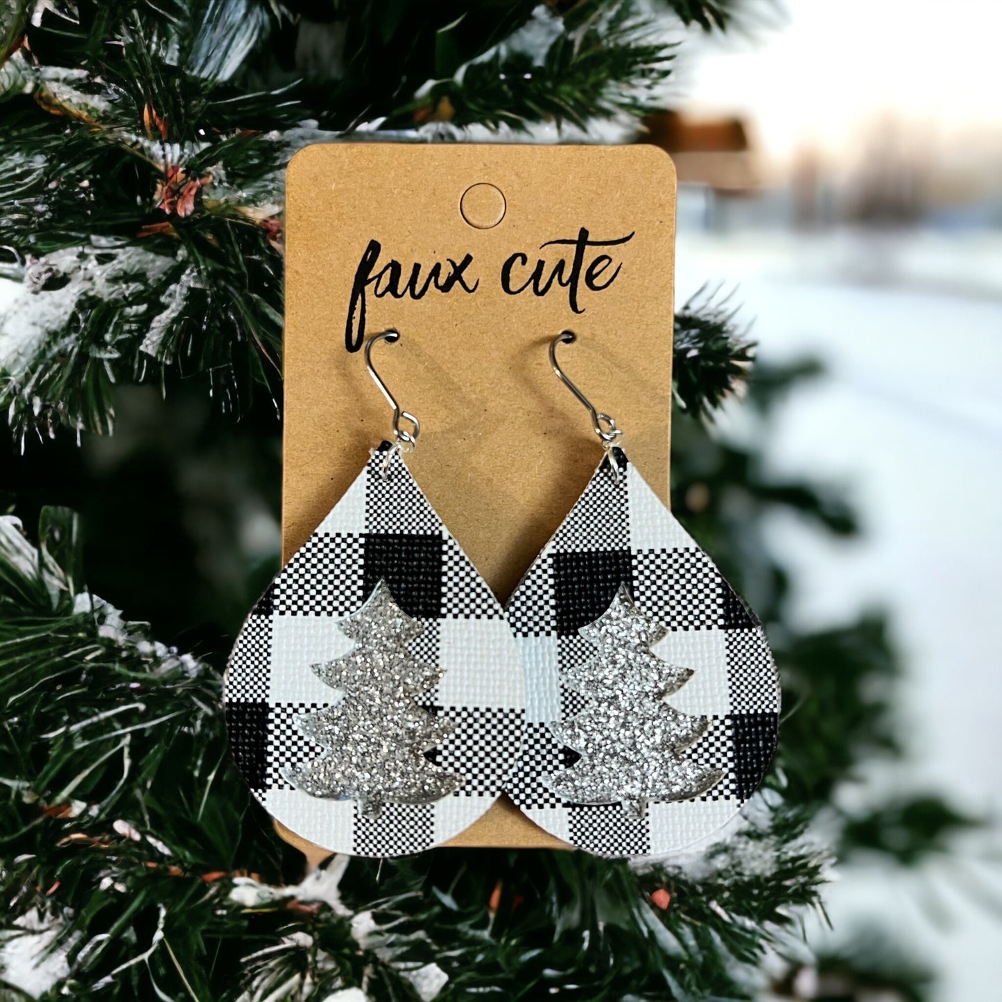 Buffalo Plaid Glitter Tree Earrings