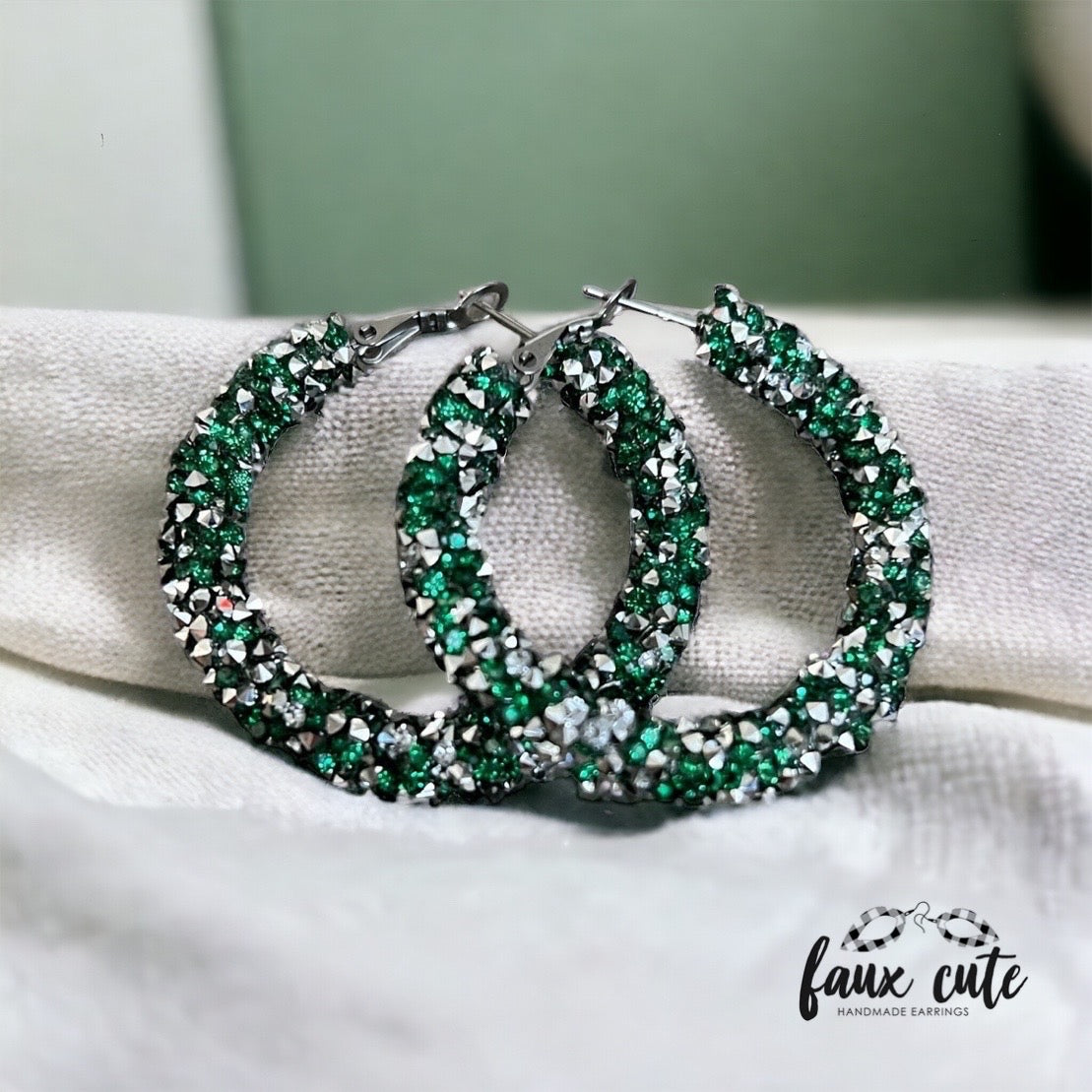 Emerald Green & Silver Chunky Hoops