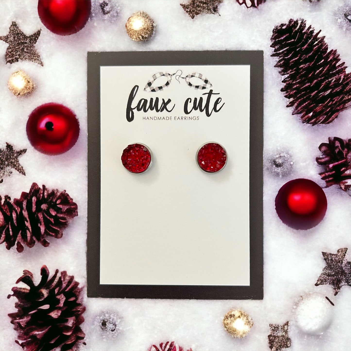 Red Glassy Faux Quartz Stud Earrings