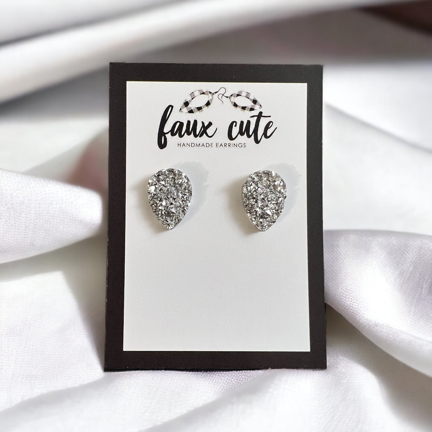 Silver Faux Quartz Teardrop Stud Earrings