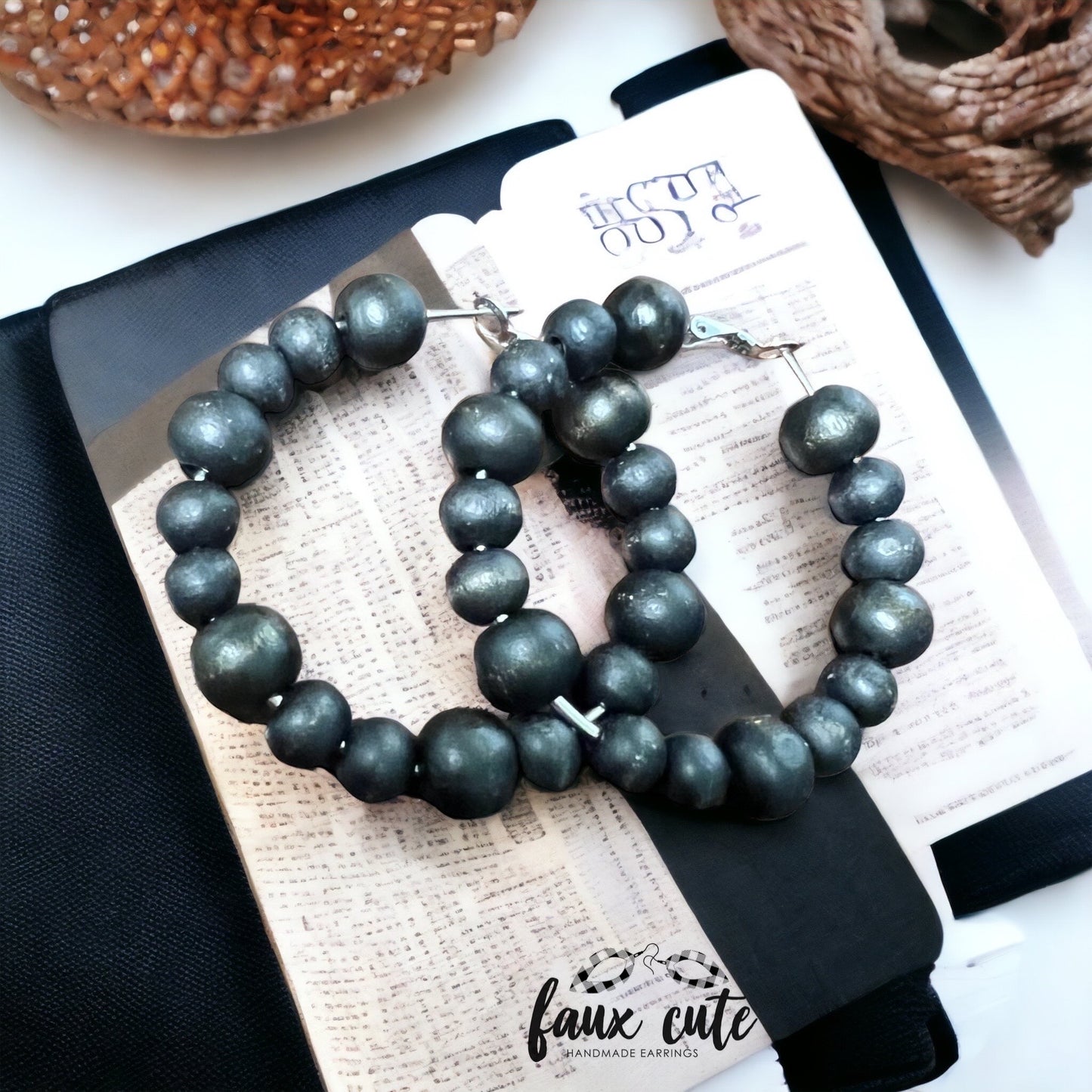 Black Wood Beaded Hoop Earrings