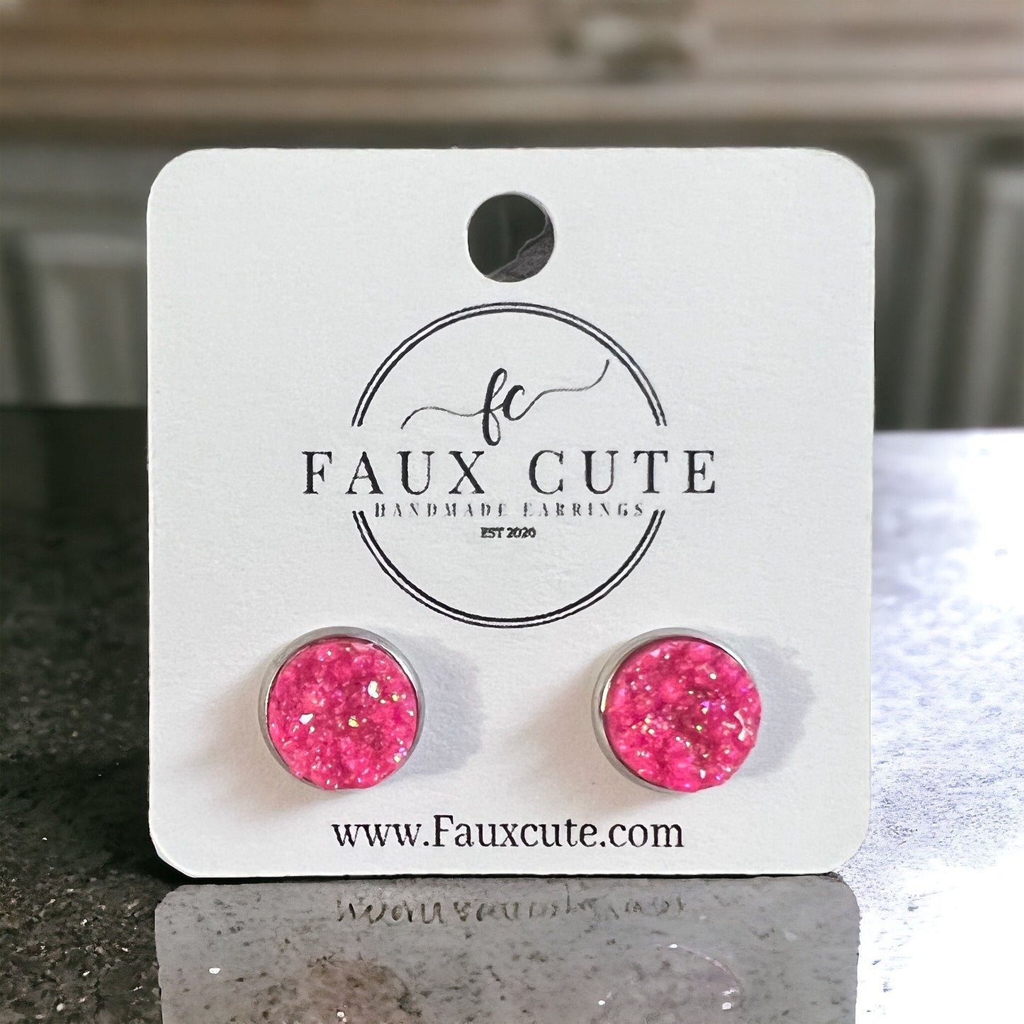 Pink glitter faux quartz studs