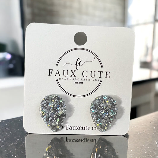 Iridescent Silver Faux Quartz studs