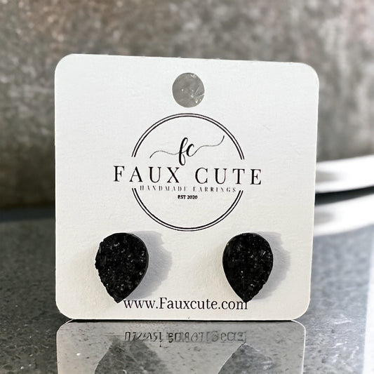 Black Faux Quartz Teardrop Stud Earrings