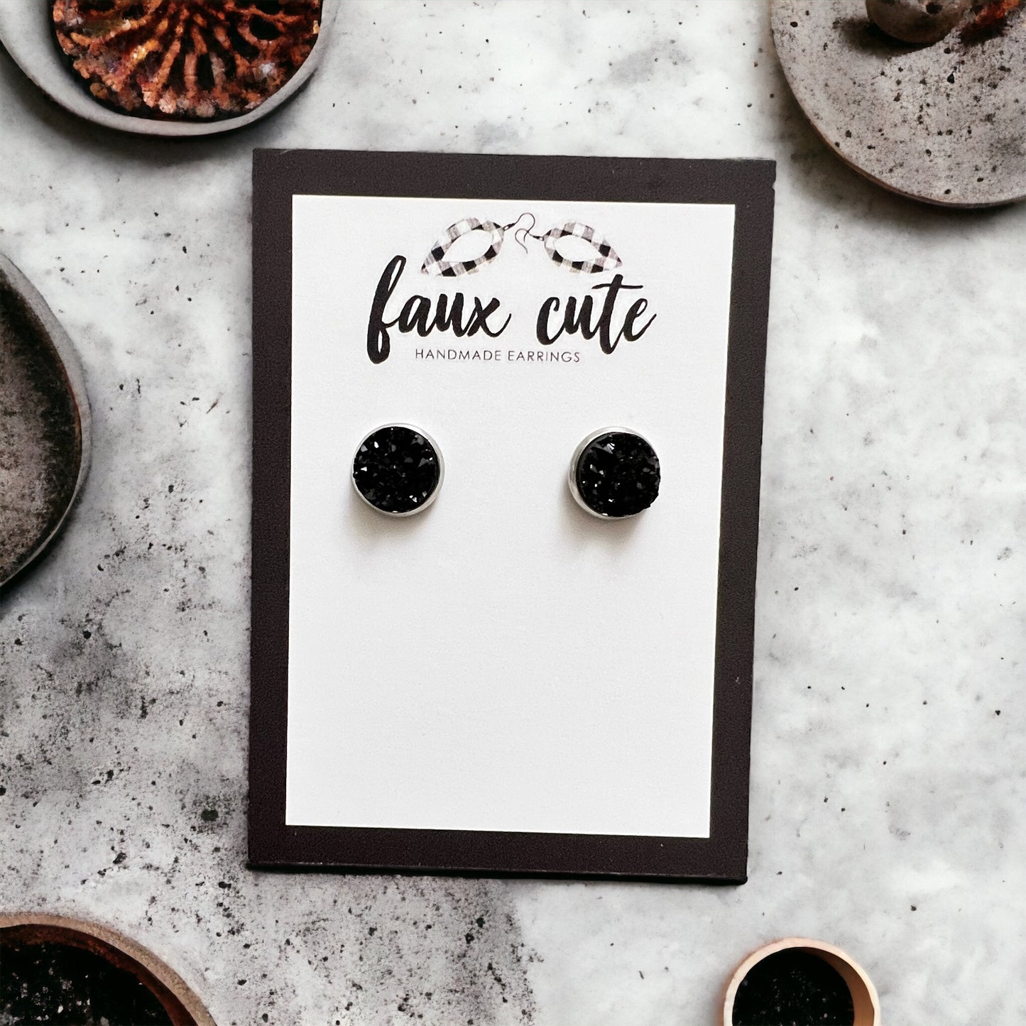 Black Faux Quartz Stud Earrings