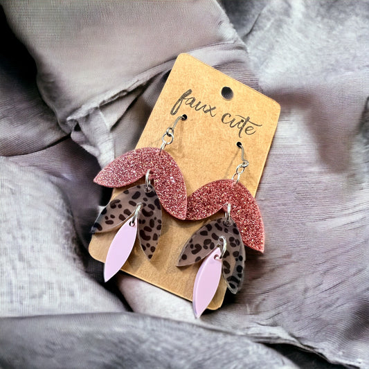 Pink Drop Leaf Leopard Earrings